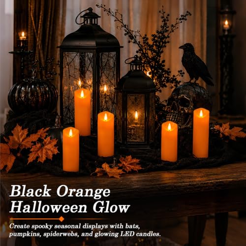 Image of Homemory Orange Halloween Flameless Candles, Remote Timer, 9 Pack | Battery operated LED pillar candles, remote timer, Halloween candles, fall decor, harvest, Thanksgiving, mantel, lanterns