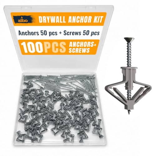 ALBO 100 Pcs. Plastic Butterfly Drywall Anchors and Screws Kit, Gray