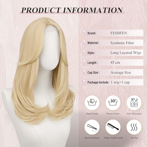 Image of FESHFEN Lace Front Hairline Wigs with Bangs, Synthetic Natural Looking Long Layered Straight Hair Wig for Women Daily Party Costume, 18 inch Brown