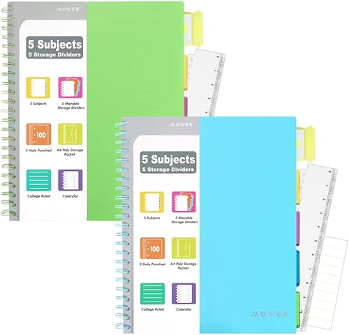 Paquete de 2 cuadernos en espiral - Cuaderno de 5 materias azul claro y verde