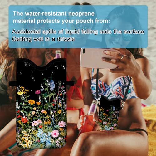 Image of Neoprene Cell Phone Sleeve Pouch Case Bag with Crossbody Strap Neck Lanyard for Women 7.1 X 3.9 in Flowers Plants