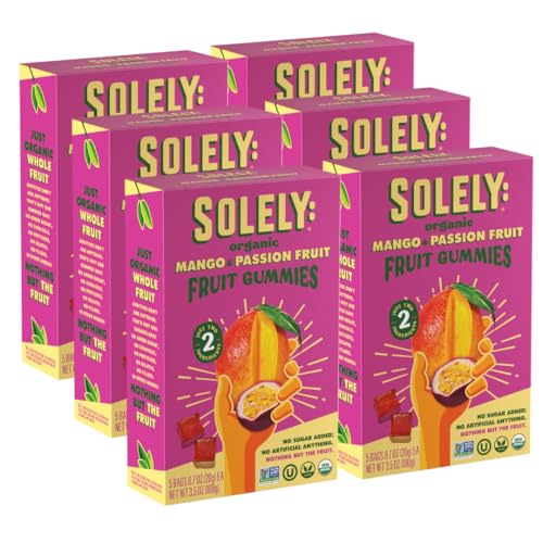 Image of SOLELY - Organic Mango & Passion Fruit Whole Fruit Gummies (Pack of 6 Boxes, 5 Bags per Box) - School Snacks - Healthy Snacks for Adults & Kids - Non GMO, Vegan Snacks, Shelf Stable - 30 Bags (3.5 oz)