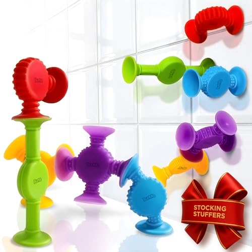 BUNMO Bath Toys Suction - Stocking Stuffers for Kids - Toddler Bath Toys - Connect, Build, Create - Toddler Stocking Stuffers - Fine Motor Skills - Stimulating Sensory Toys - Textured 10 Pack