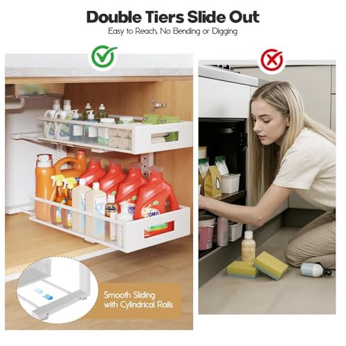 Image of 2 Packs 19IN Depth Under Sink Organizer, 2-Tier Pull Out Cabinet Organizer With Smooth Circular Rail, Large Capacity Metal Mesh Sliding Drawers For Bathroom& Kitchen Storage,Height Adjustable -White