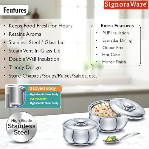 Image of Signoraware Hot Delight Stainless Steel Casseroles| Insulated Food Warmers| Easy to Clean| Retain Freshness For Hours| Odor-Free| Perfect for Gifting (1Ltr & 1.5Ltr| Set of 2| Steel)