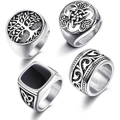 LOLIAS 4Pcs Men's Rings Band Signet Stainless Steel Wide Celtic Knot Rings for Men Women Band Tree of Life Ring Set Vintage Gothic Biker Ring Set Black Retro Ring for Men Cover