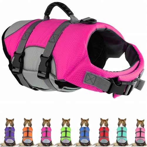 MKLHGTY Mklhgty Dog Life Jacket, Reflective Adjustable Dog Life Vest with Rescue Handle for Swimming and Boating, Ripstop Pet Safety Life Preserver for Small, Medium and Large Dogs
