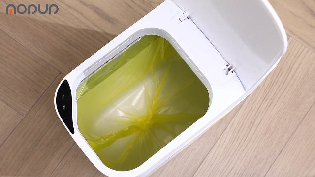Image of MOPUP Bathroom Trash Can, Automatic Bagging Garbage Can, 3.5 Gallon Slim Smart Small Plastic Trash Bin, Narrow Motion Sensor Trash Can for Bedroom, Office White