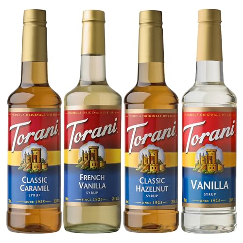 Torani Coffee Syrup Set 4 x 750ml (Vanilla Classic Caramel French Vanilla Classic Hazelnut). Deliciously Flavoured Syrups for Coffee Drinks Cocktails Milkshakes or Cocoa - Genuine Torani Flavour