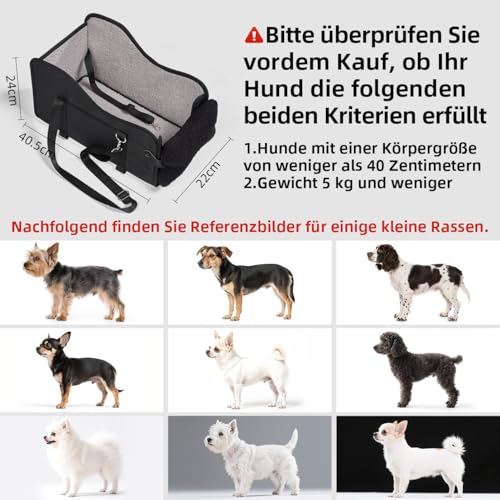 GGW Auto-Hundesitz für Kleine Hunde & Katzen | Sicherer Hunde-Sitz mit Doppelter Befestigung, Wasserdicht, Seitentaschen & Schnellmontage (Passt zu 99% Mittelarmlehnen) (Leder-Schwarz, Normaler Stil)