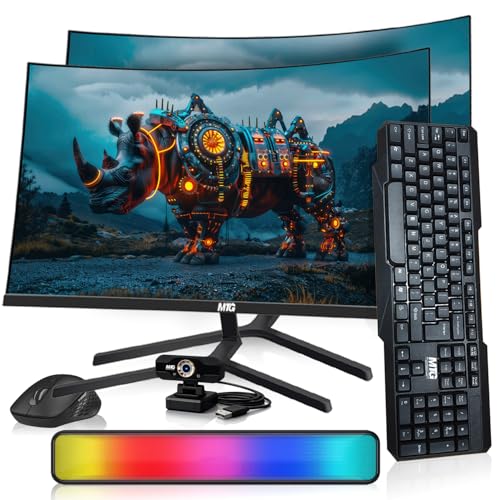 Image of MTG Dual 32 inch Curved Monitor Full HD 1080P Frameless Screen, HDMI DP USB Audio, Low Motion Blur, VESA Mount, Webcam with Wireless Keyboard Mouse & Soundbar, Computer Monitor for Gaming, Home, Office