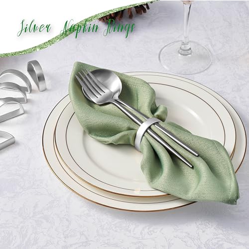 Image of APTWOW Silver Napkin Rings Set of 12, Semicircle Metal Silver Napkin Holder Buckles, Fall Thanksgiving Christmas Napkin Rings for Dinner Table Decor, Wedding, Banquet, Party