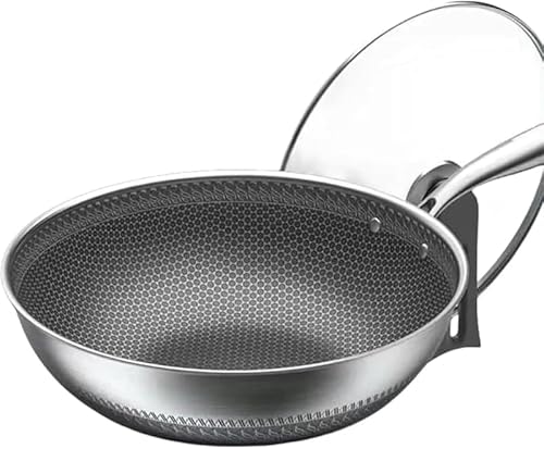 Nozuma ステンレスフライパン 深型厚型 油煙が出にくい中華鍋仕様 32cm ガラス蓋付き ハンドル付きスティックパン 多用途 すべてのストーブ対応 家庭用キッチン調理器具