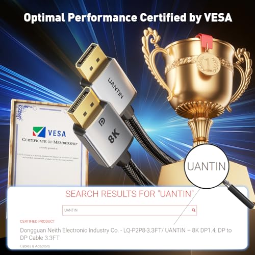 UANTIN 8K DisplayPort Cable 1.4, VESA Certified 3FT High-Speed Braided DP Cord [8K@60Hz, 4K@144Hz, 2K@240Hz] 32.4Gbps/HDR/HBR3/FreeSync/G-Sync, Display Port Cable for Gaming Monitor
