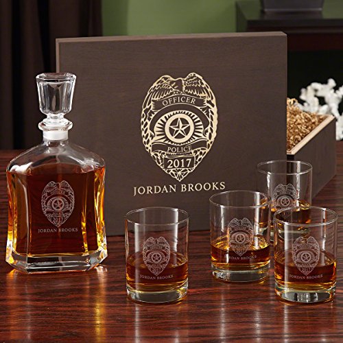 Police Badge Personalized Whiskey Glass Set with Wood Box (Custom Product)