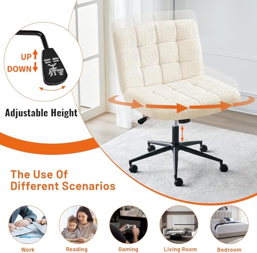 Image of Nutech Decor Armless Office Desk Chair - Linen Fabric Padded Swivel Adjustable Home Office Chair with 360 Wheels, Wide Criss Cross for Desk, Living Room (ND-Sherpa-ivorywhite-Wheel)