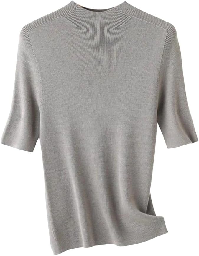 Women's Short Sleeve Mock Neck Sweater Wool Tight Fit Pullover Knit Top Casual Bottoming Layer Shirt