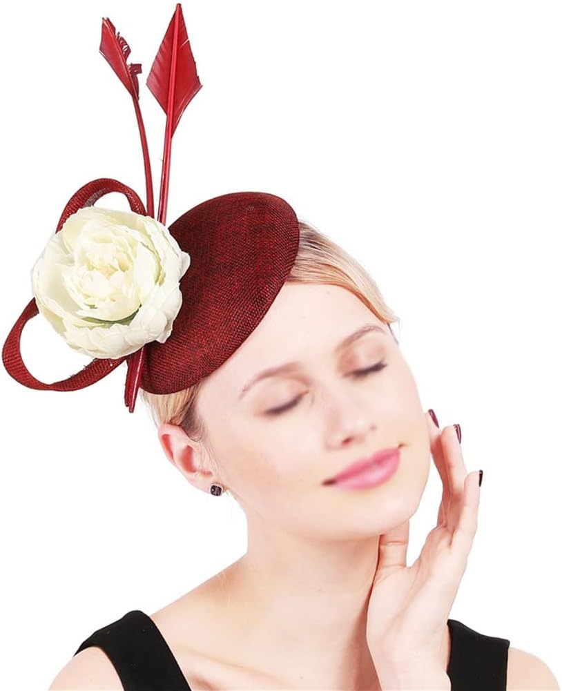 Wedding Women Elegant Hats Chapeau Vintage Party Tea Headwear Hair Clips Ivory Ffloral Hair Party Accessories(Burgundy)
