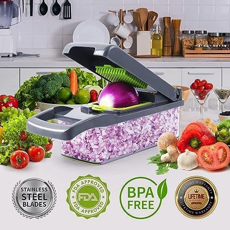Miniatura 3 de Picador y cortador multifuncional de verduras - Cortador de alimentos con cuchillas reemplazables para cebollas y más (gris)