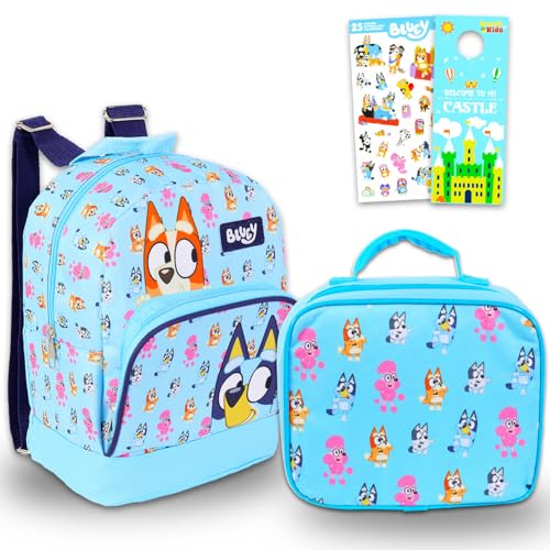 Bluey Conjunto de mini mochila com lancheira – Pacote com mochila escolar de 25,4 cm, lancheira, adesivos, mais | Bolsa mochila Bluey e Bingo para crianças, meninas