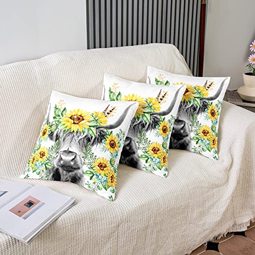 Set of 2 Highland Cow Throw Pillow Covers Highland Cattle Sunflower Cushion Case for Home Living Room Decor Reversible Animal Botanical Yellow Floral Decorative Throw Cushion Case 22x22 Inch - Image 4