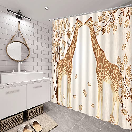 Funny Giraffe Shower Curtain African Wild Animal Couple In Forest Watercolor Jungle Safari Tropic Wildlife Fallen Leaf Plant Woods Boys Girls Cartoon Graffiti Polyester Fabric Bath Decor 70 X 70 Inch #TOP4