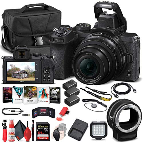 Nikon Z 50 Mirrorless Digital Camera with 16-50mm Lens (1633) + FTZ Mount Adapter + 2 x EN-EL25 Battery + 64GB Card + Case + Corel Software + Light + Filter Kit + More (International Model) (Renewed)