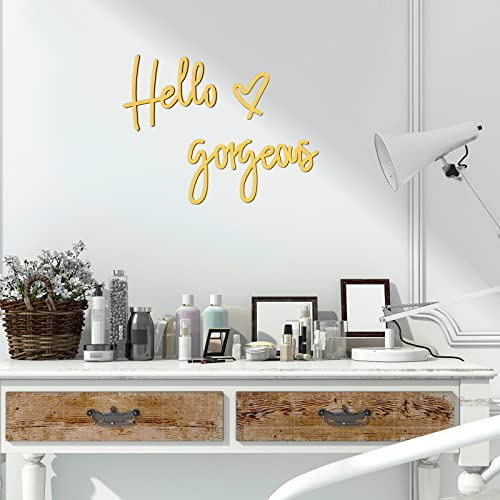 Image of Blulu Hello Gorgeous Wall Decor Sign Hello Gorgeous Wall Art Minimalist Wooden Words Decor for Lash Room, Salon, Vanity or Makeup Room, Bathroom, Bedroom, Office(Gold)