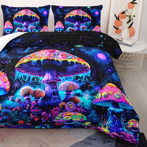 Image of AILONEN Cartoon Mushroom Comforter Set Queen Size, Black Starry Purple Magic Mushroom Bedding Set,3Pcs Plant Fungus Comforter with 2 Pillowcases