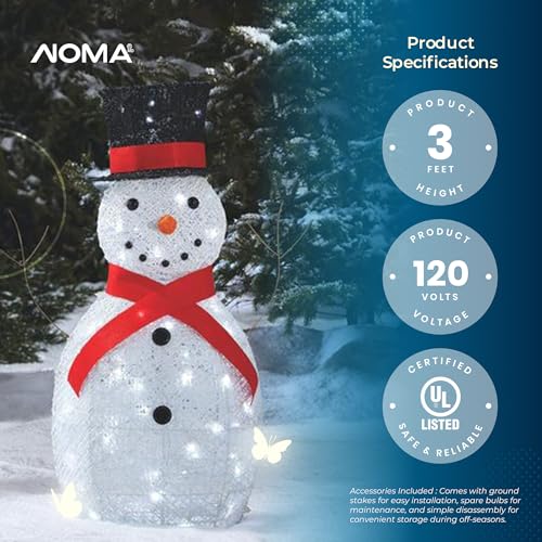 NOMA Pre-Lit Metal Snowman with Top Hat Christmas Decoration with Bright LED Lights, Outdoor Holiday Lawn Decoration, White with Red Scarf
