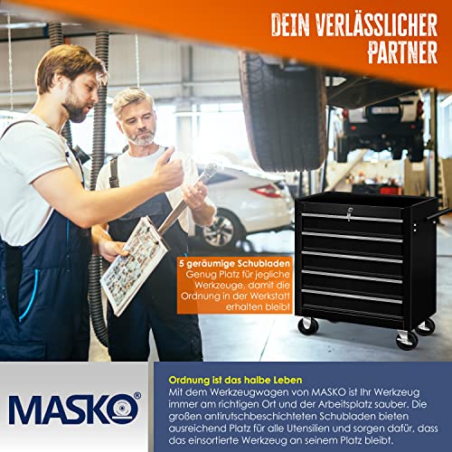 Masko® Werkstattwagen - 5 Schubladen, schwarz ✓ Abschließbar ✓ Massives Metall | Mobiler Werkzeug-Wagen ohne Werkzeug | Profi Werkstatt-Wagen | Rollwagen zur Werkzeugaufbewahrung mit Schloss | – Bild 6