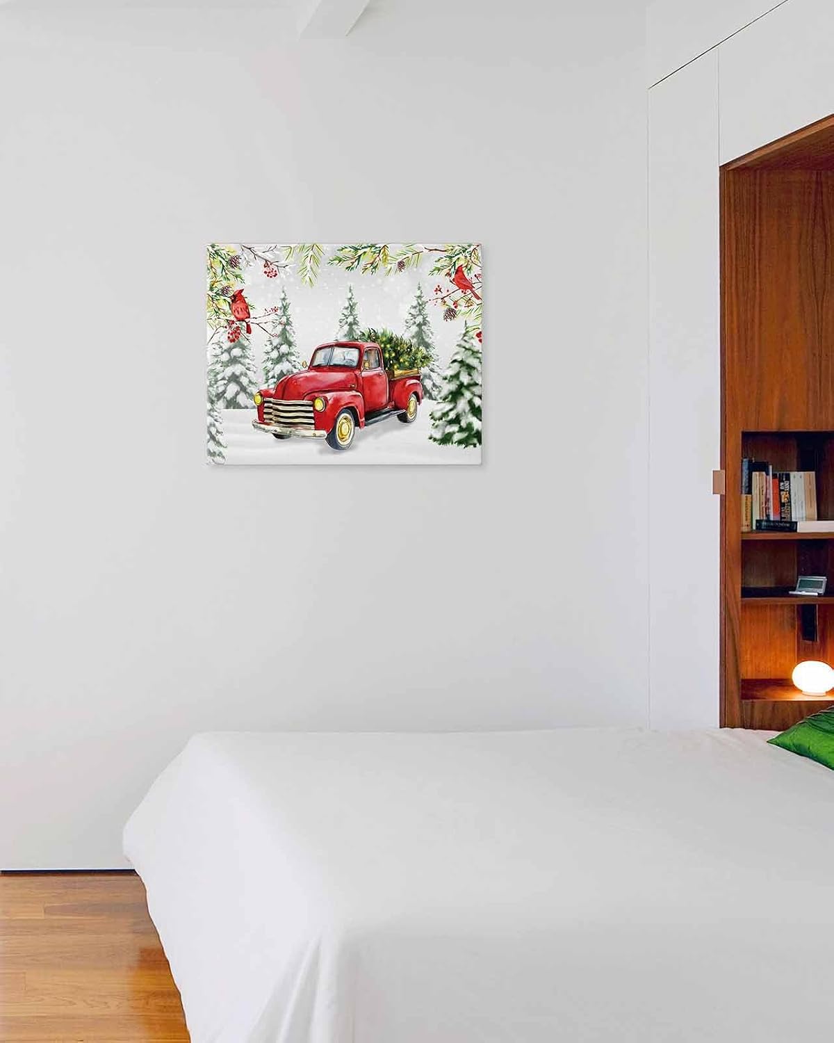 Savannan DIY Paint by Numbers, Merry Christmas Red Truck with Pine Tree Cones Cardinal Painting Framed Canvas Oil Painting Kit with Paintbrushes, Acrylic Pigment for Kids & Adults, 16x12 Inch