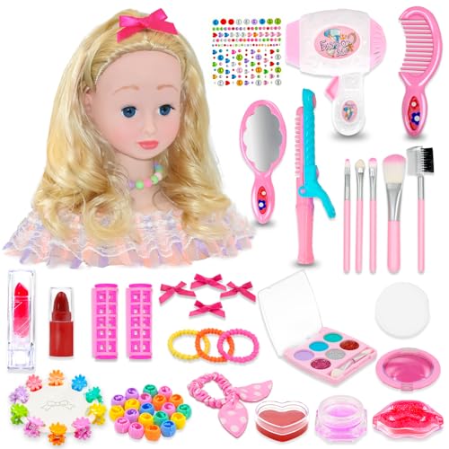 Beeoecm Cabeza Muñeca para Peinar y Maquillar, 59 Piezas Busto Muñeca Peinar y Maquillar, Juego de Peluquería para Niños con Accesorios, Regalos de Cumpleaños para Niñas
