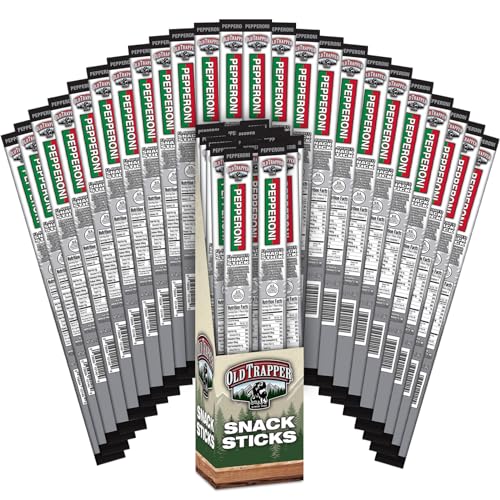 Image of Old Trapper Pepperoni Sticks, 1.2-Ounce Individually Wrapped Packages, Natural Wood Smoked Meat Snacks, 11 Grams of Protein per Serving (Pack of 24)