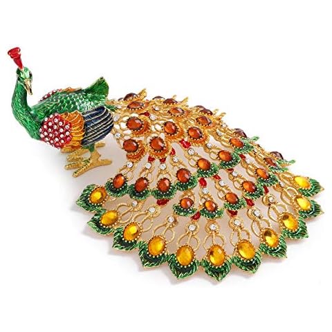 Furuida Peacock Trinket Boxes Hinged Enameled Jewelry Box Hand-Painted Animals Ornaments Craft Gift for Home Decor (Green) Cover