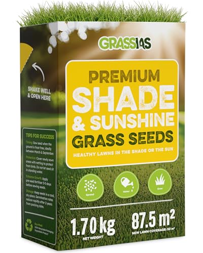 Grassias Shade & Sunshine Grass Seed – 1.70KG Premium Quality Lawn Seed for Shady Areas – Pet Friendly for Overseeding and Shaded Gardens – DEFRA Approved Lawn Seeds
