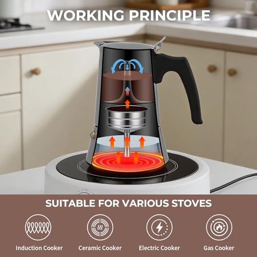 Godmorn Stovetop Espresso Maker, Italian Coffee Maker Moka Pot 300ml/6 Cup (Italian Espresso Cup = 50ml), Espresso Maker Induction Hob, Coffee Maker for Induction Hob - 5