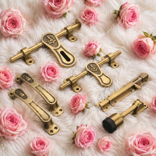 Image of Complete Aluminium Single Door Fitting Hardware Set (Antique Finish; 10-Inch) - Ganesh Design Kit (Aldrop; Latch; Handles; Tower Bolt & Stopper)
