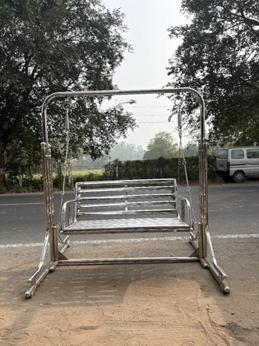 Image of Stainless Steel Silver 3-Seater Fixed Handle Jhula with Stand - 350Kg Capacity | Indoor & Outdoor Garden Porch Fixed Handle | Sturdy, Portable and Durable Jhula for Home Balcony.