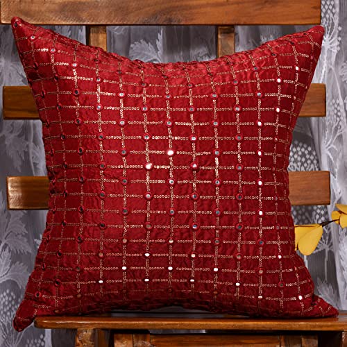 Image of Mirror Work Cushion Covers 20x20 Set of 2, Red Embroidered Silk Pillow Covers, Designer Pillows for Sofa with Sequin Embroidery