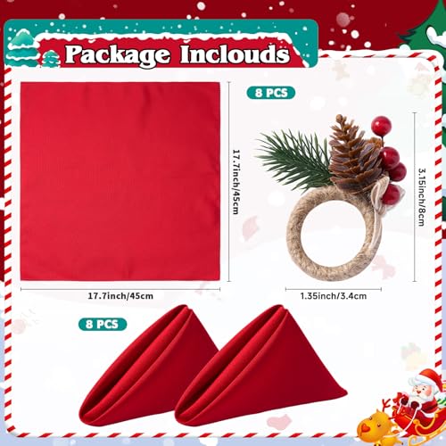 Christmas Napkins Cloth Set of 8 and Christmas Napkin Rings Set of 8, 16 PCS Evergreen Snowy Pinecone Xmas Napkins Table Decorations for Holiday Dinner Party Table Decor – Image 4