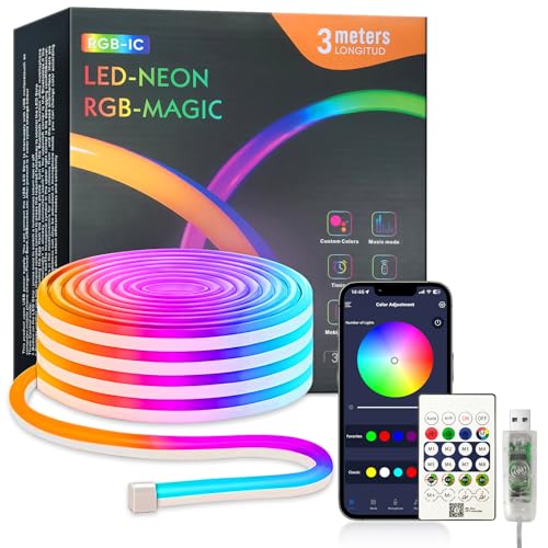 LEDネオンライト 3m USB給電 RGBIC チューブ式間接照明 音楽同期 256色アプリ調光 流れるような虹色発光 防水(IP65) 魔法のカラーライト テープライト 寝室/リビング/キッチン/パーティー/クリスマス装飾用 簡単取り付け 日本語アプリ/リモコン対応