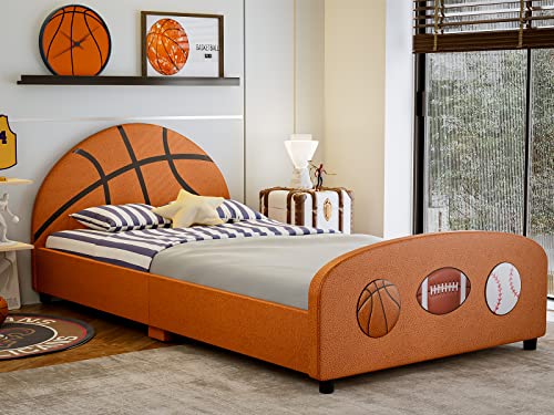 Ikifly Children Upholstered Twin Bed, Kids Twin Platform Bed Frame With Curved Headboard Footboard, Strong Wood Slats Support, Sport Style Toddler Bed For Boys & Girls, Teens（Basketball Design） #TOP7