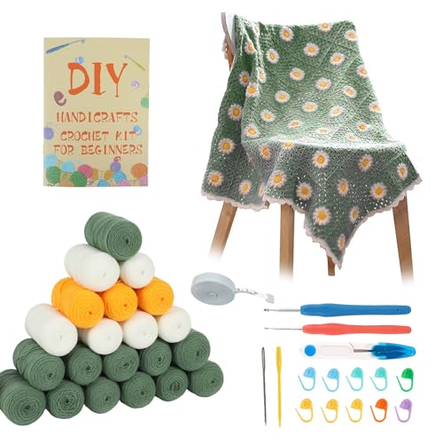 XQZMD Crochet Blanket Kit for Beginners, Crochet Kit, Crochet Starter Kit for Adults with Yarn & Accessories, Crochet Daisy Granny Square Assembling into Blanket Kit (Green)