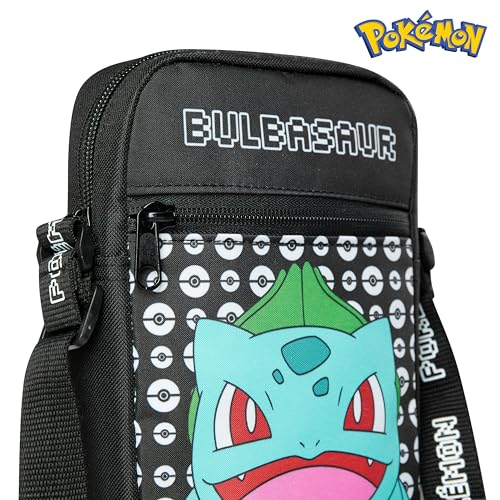 Pokemon Kinder Umhängetasche, Pikachu Reisetasche mit Verstellbarer Schultergurt, Großes Hauptfach mit Reißverschluss Kinder Geschenke (Schwarz Bulbasaur)
