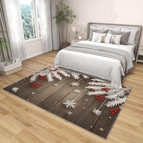 Tapis design moderne flocons de neige, textile de sol raffiné baies rouges