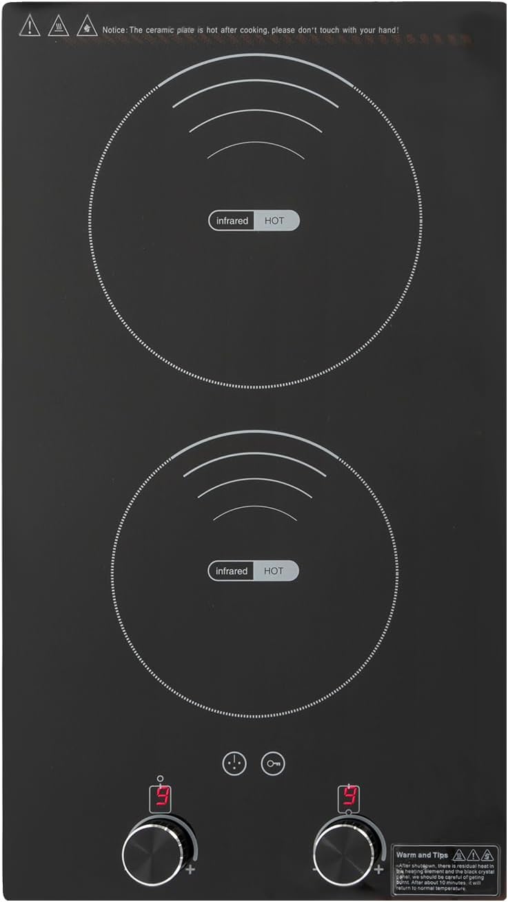 - 2 Burner Electric Cooktop, 20.1 Inch Double Burner Ceramic Electric Hob, 2100W Countertop Built in Stove Top, 9 Power Levels Ceramic Hot Plate with Knob Control for Kitchens, Hotels