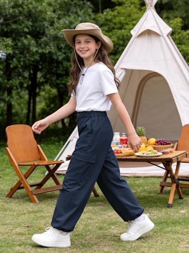Image of Rolanko Girls Cargo Pants Wide Leg Streetwear Kids Pants with Pockets Trendy Jogger Trousers 4-14 Years