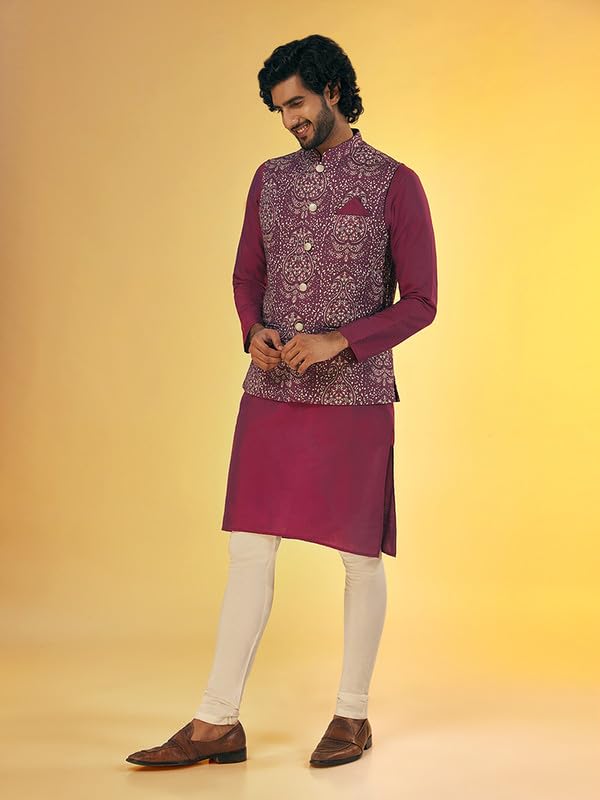 Image of KISAH Men Printed Kurta Jacket Set, Full Sleaves, Knee Length, Straight, Regular Fit, Mandarin Collar Ethnic Wear