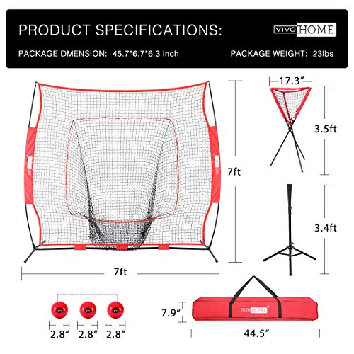 VIVOHOME 7 x 7 Feet Baseball Backstop Softball Practice Net Set with Strike Zone Target Tee Ball Caddy Carry Bag and 3 Weighted Balls for Batting Hitting and Pitching - Thumbnail 6